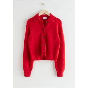 Wool Blend Tortoise Button Cardigan in Red